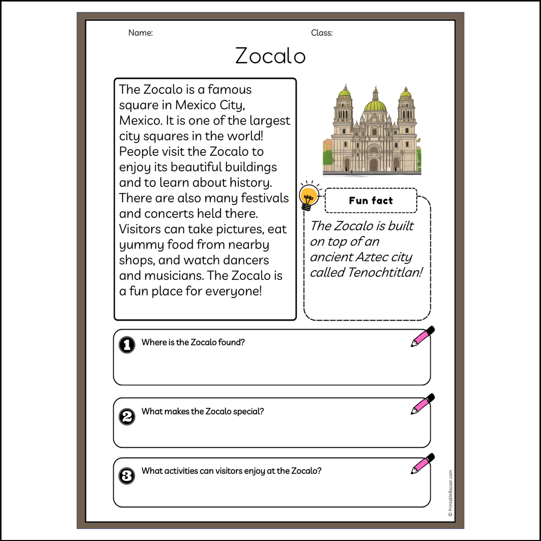 Zocalo | Reading Passage Comprehension Questions Writing Facts Worksheet