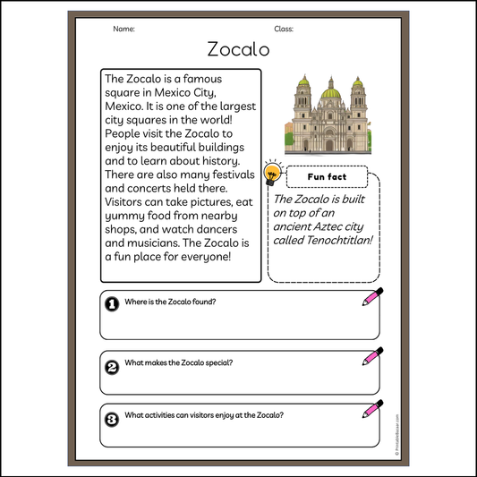 Zocalo | Reading Passage Comprehension Questions Writing Facts Worksheet