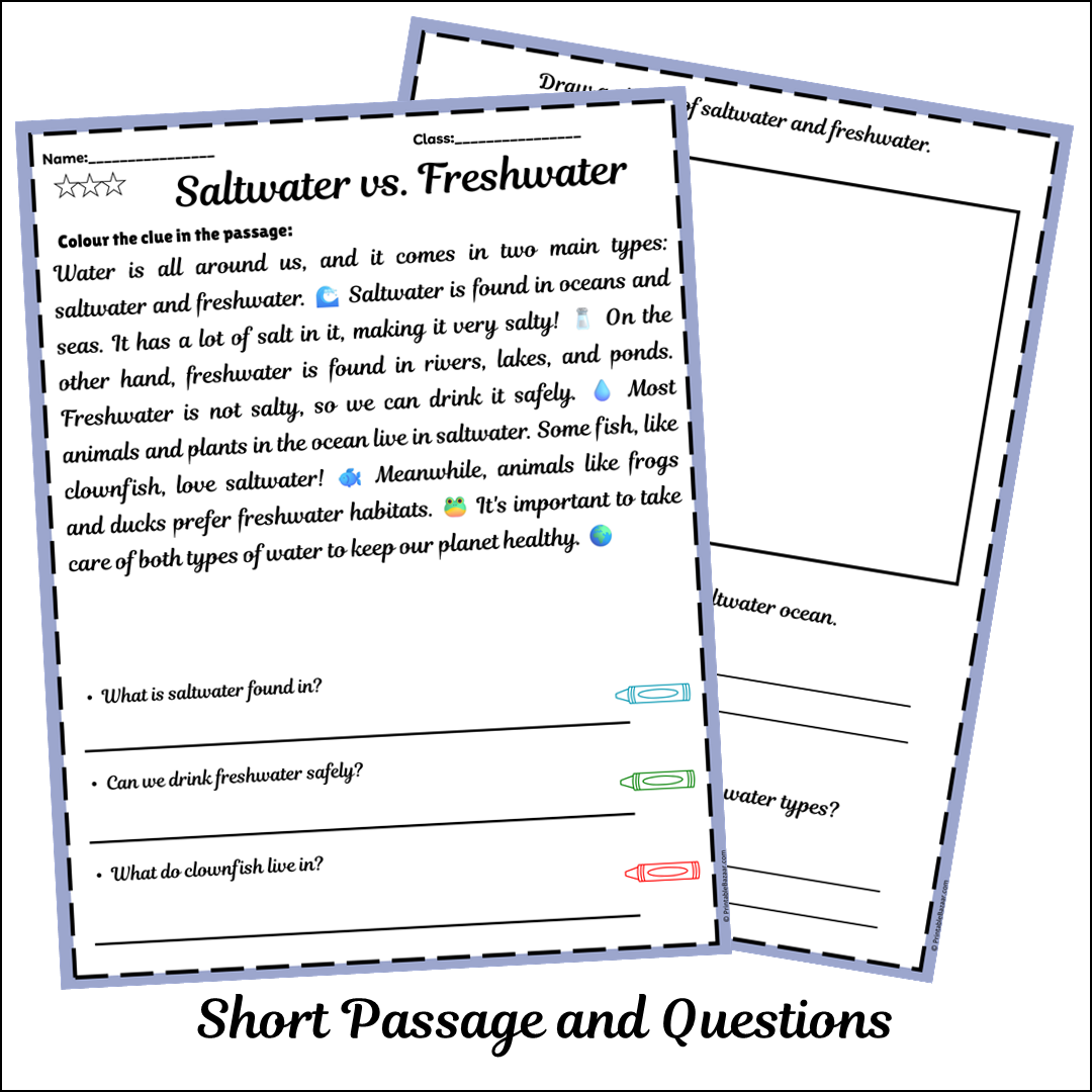 Saltwater vs. Freshwater | Short Reading Comprehension Creative Worksheet