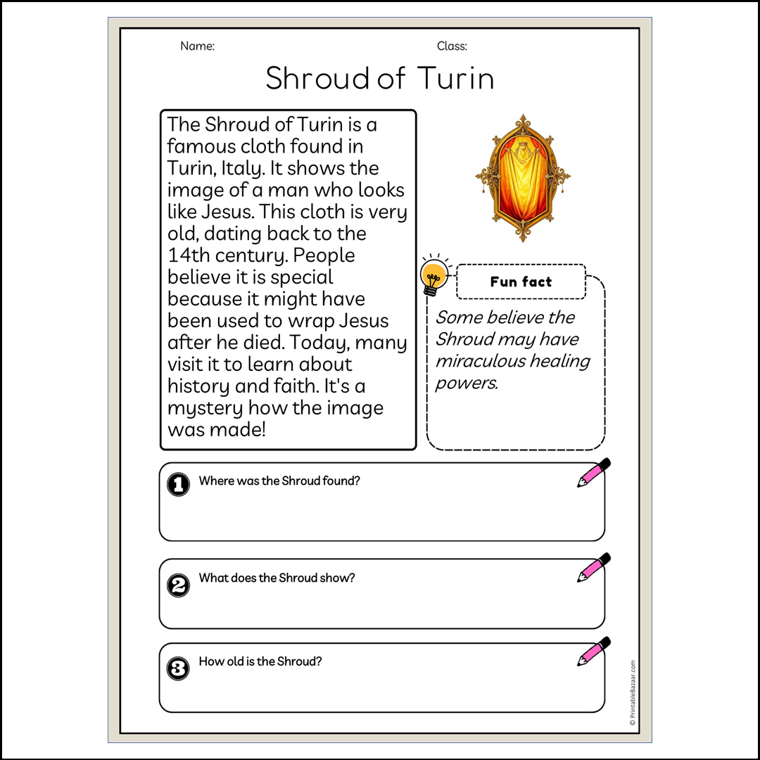 Shroud of Turin | Reading Passage Comprehension Questions Writing Facts Worksheet