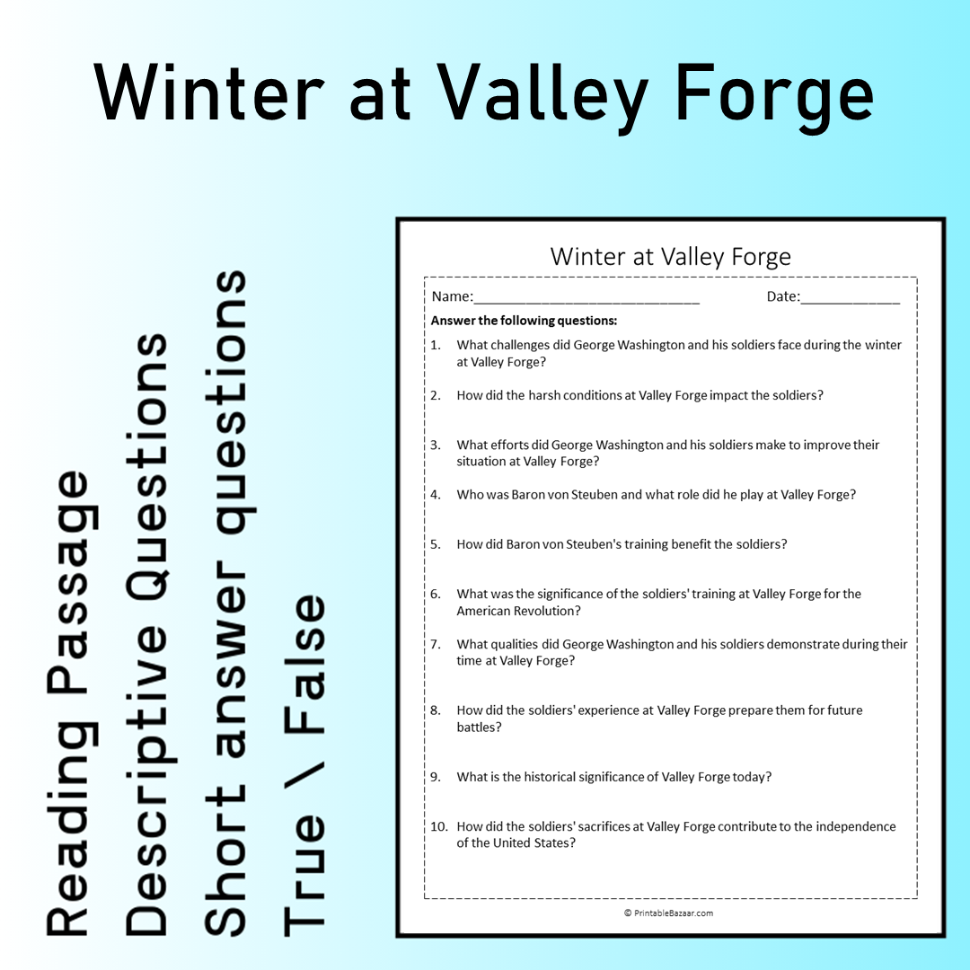 Winter at Valley Forge | Reading Comprehension Passage Printable Worksheet