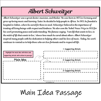 Albert Schweitzer | Main Idea and Supporting Details Reading Passage and Questions