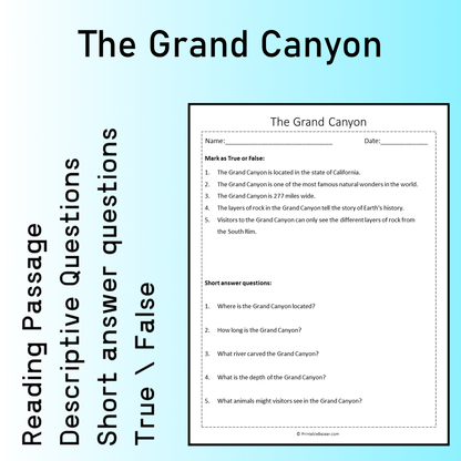 The Grand Canyon | Reading Comprehension Passage Printable Worksheet