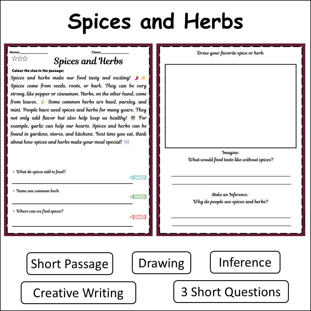 Spices and Herbs | Short Reading Comprehension Creative Worksheet
