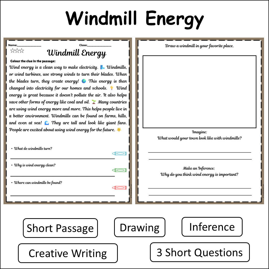 Windmill Energy | Short Reading Comprehension Creative Worksheet