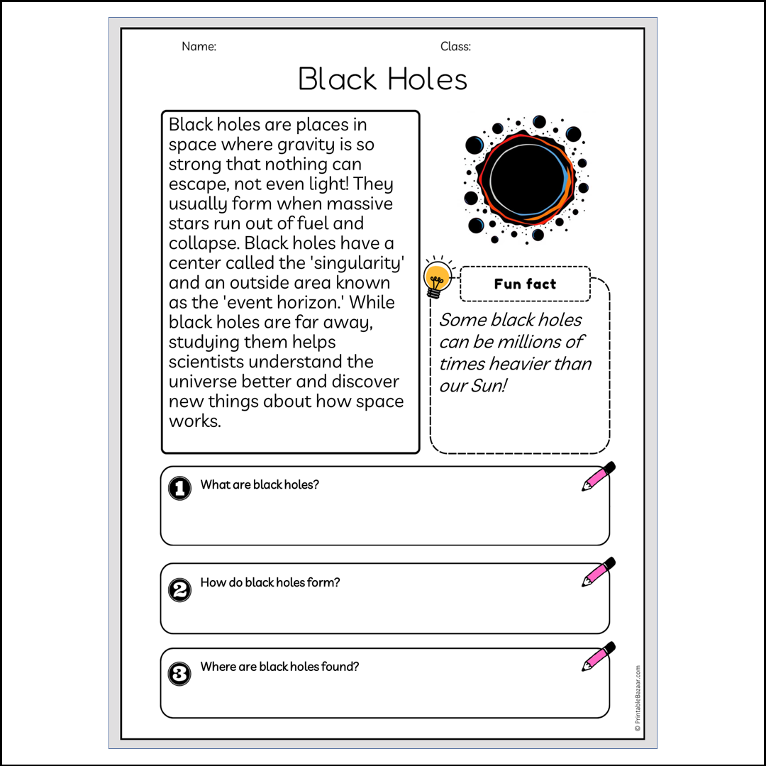 Black Holes | Reading Passage Comprehension Questions Writing Facts Worksheet