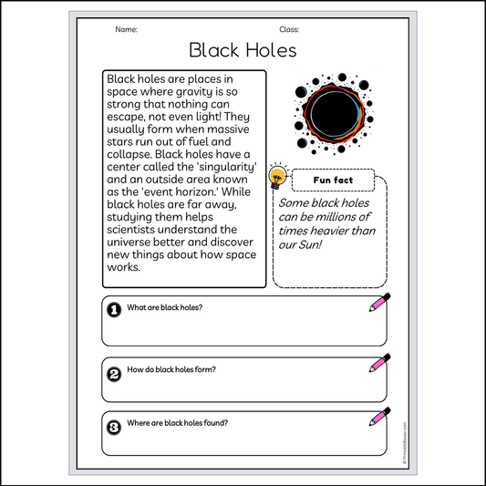 Black Holes | Reading Passage Comprehension Questions Writing Facts Worksheet