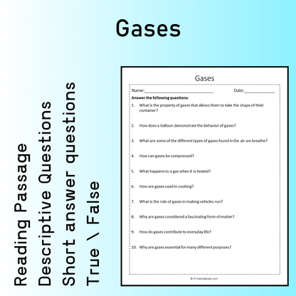 Gases | Reading Comprehension Passage Printable Worksheet