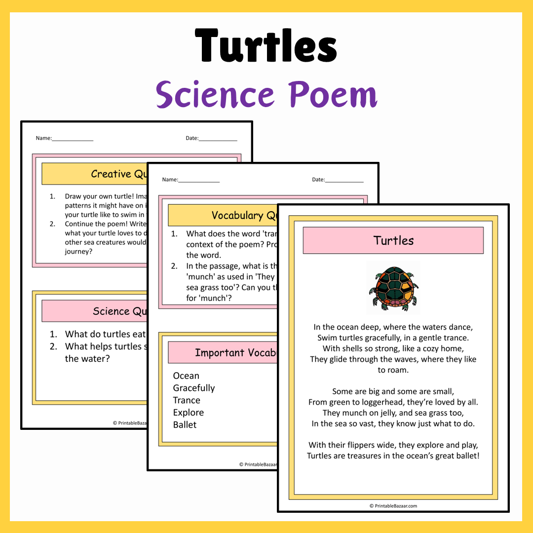 Turtles | Science Poem Reading Comprehension Activity