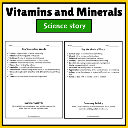 Vitamins and Minerals | Science Story Reading Comprehension Activity