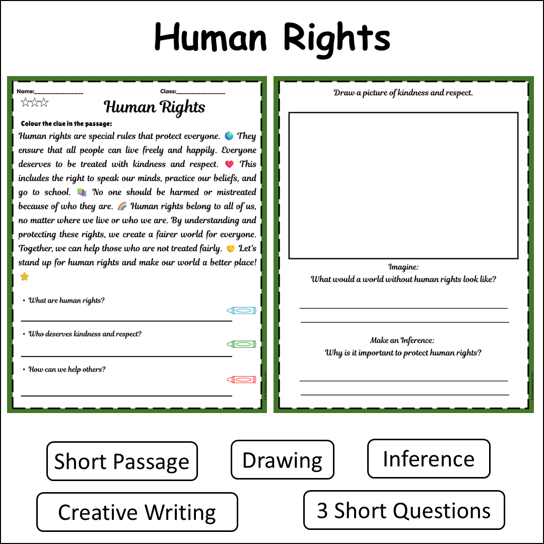 Human Rights | Short Reading Comprehension Creative Worksheet