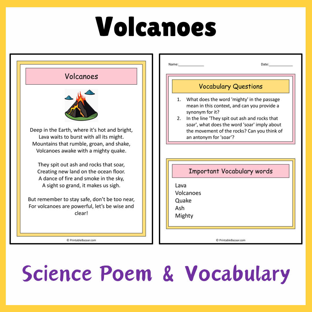 Volcanoes | Science Poem Reading Comprehension Activity