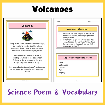 Volcanoes | Science Poem Reading Comprehension Activity