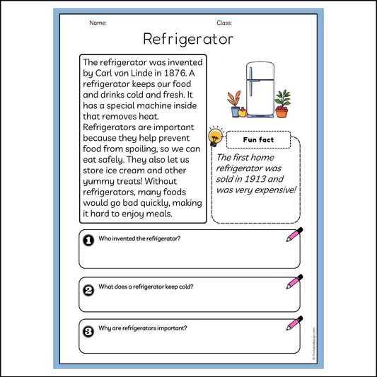 Refrigerator | Reading Passage Comprehension Questions Writing Facts Worksheet