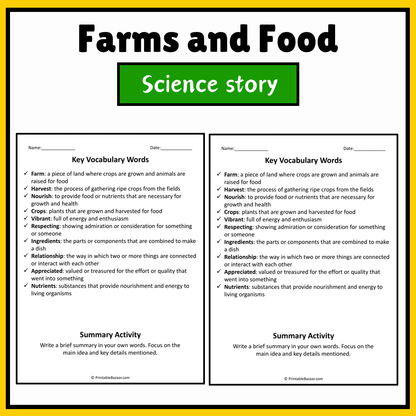Farms and Food | Science Story Reading Comprehension Activity