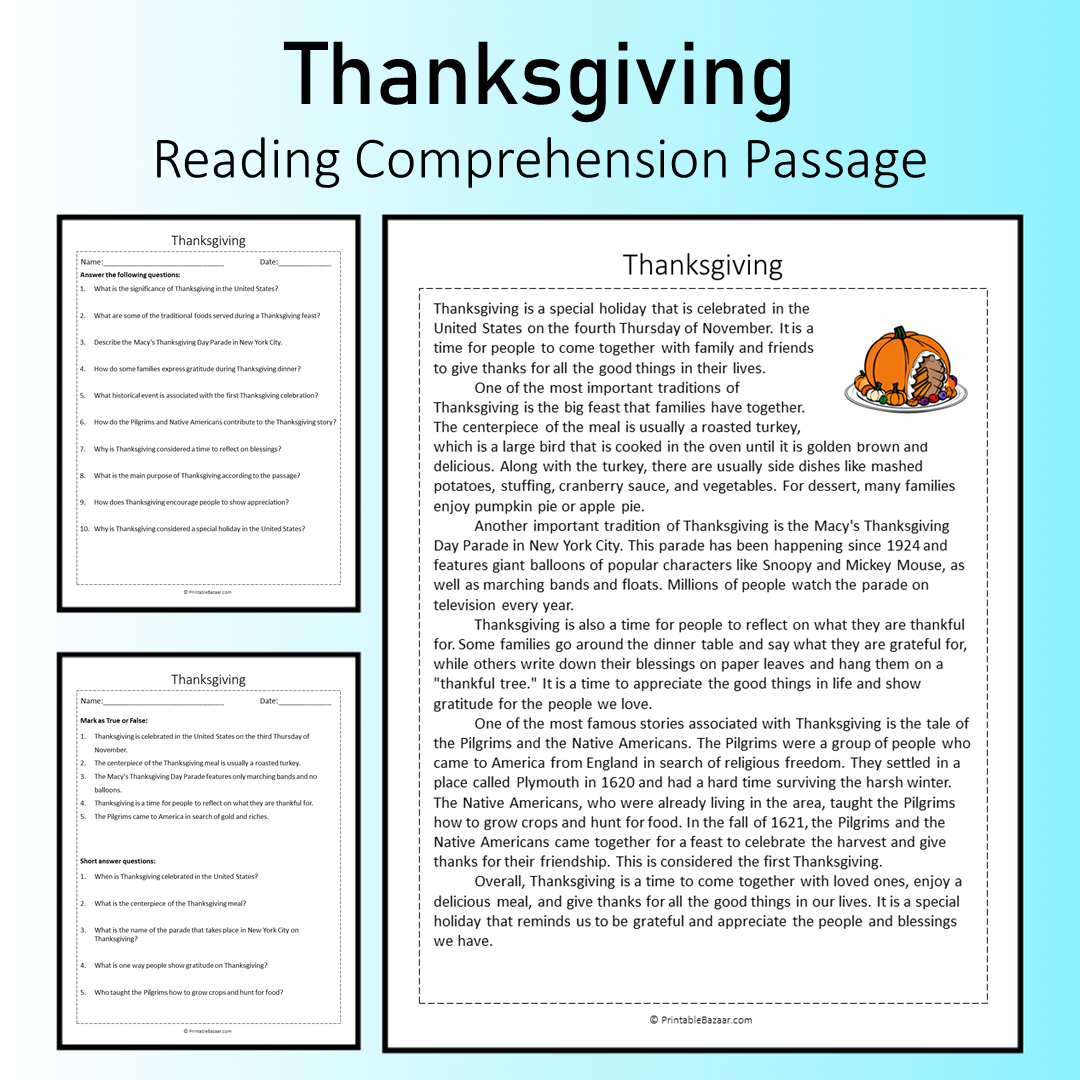 Thanksgiving | Reading Comprehension Passage Printable Worksheet