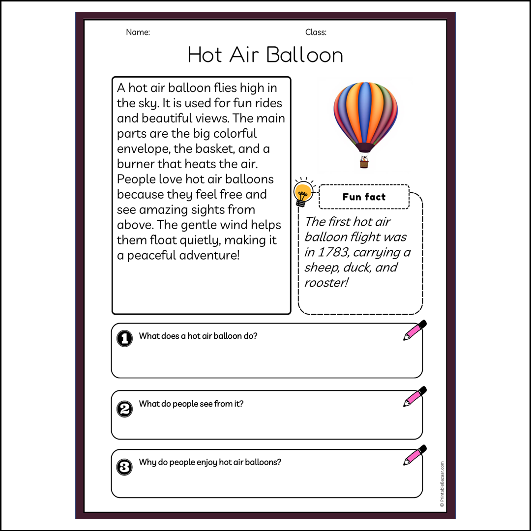 Hot Air Balloon | Reading Passage Comprehension Questions Writing Facts Worksheet