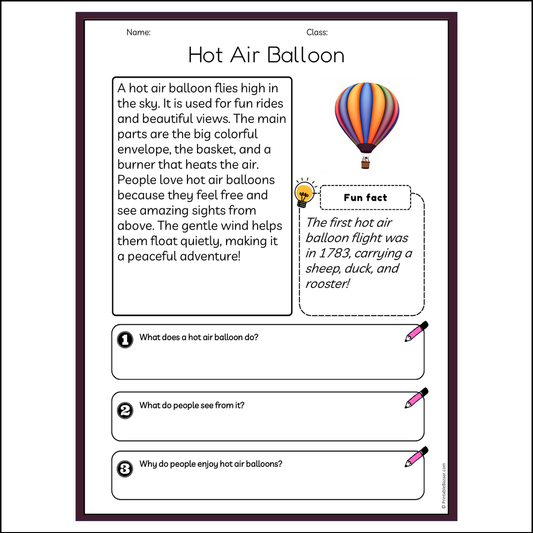 Hot Air Balloon | Reading Passage Comprehension Questions Writing Facts Worksheet