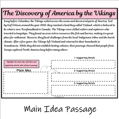 The Discovery of America by the Vikings | Main Idea and Supporting Details Reading Passage and Questions