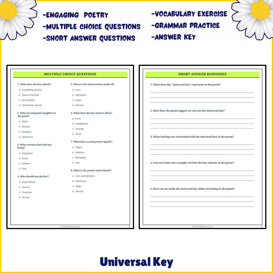 Universal Key | Poem Grammar Worksheet Printable Activity