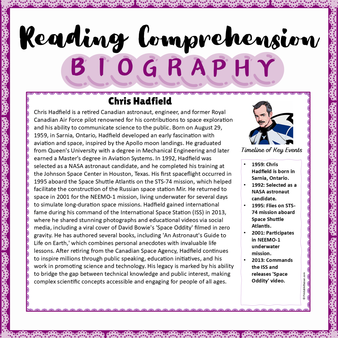 Chris Hadfield | Biography Reading Comprehension and Questions Worksheet