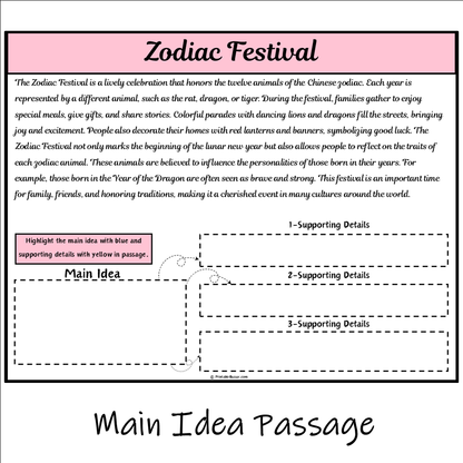 Zodiac Festival | Main Idea and Supporting Details Reading Passage and Questions