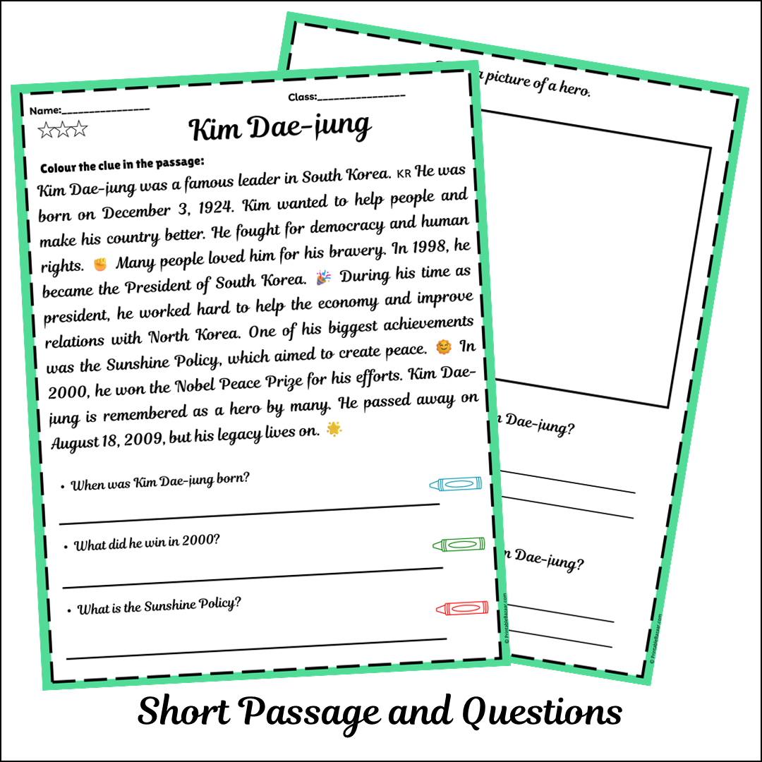 Kim Dae-jung | Short Reading Comprehension Creative Worksheet