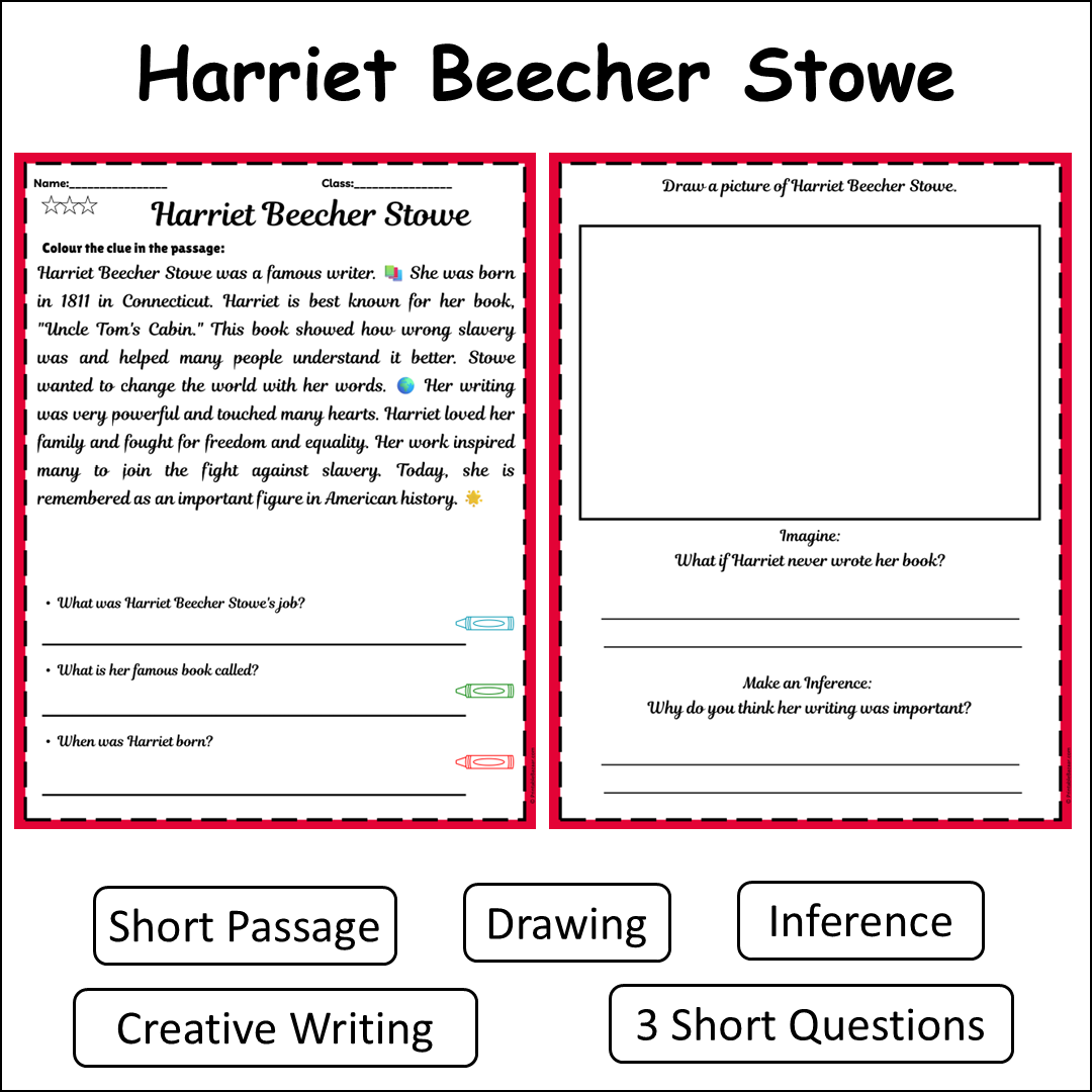 Harriet Beecher Stowe | Short Reading Comprehension Creative Worksheet