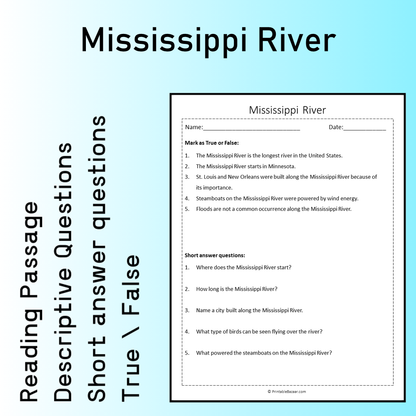Mississippi River | Reading Comprehension Passage Printable Worksheet
