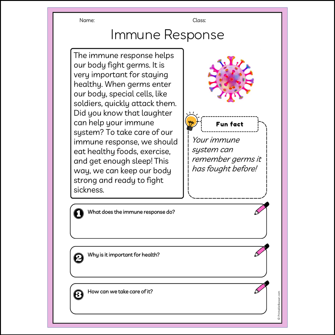 Immune Response | Reading Passage Comprehension Questions Writing Facts Worksheet