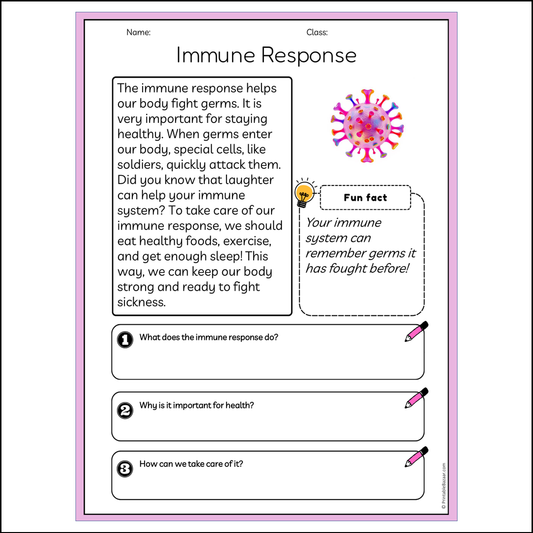 Immune Response | Reading Passage Comprehension Questions Writing Facts Worksheet