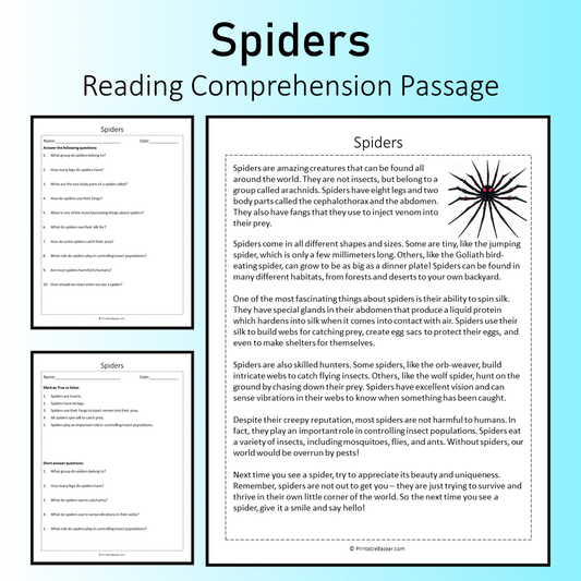 Spiders | Reading Comprehension Passage Printable Worksheet