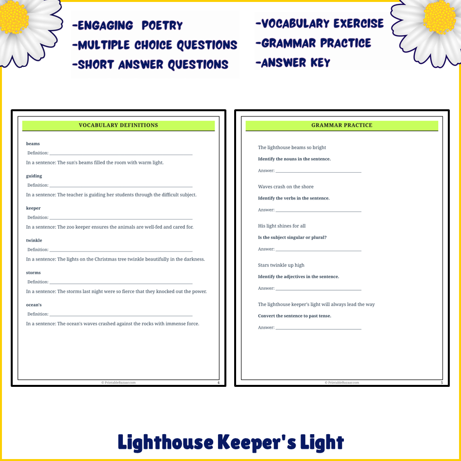 Lighthouse Keeper's Light | Poem Grammar Worksheet Printable Activity