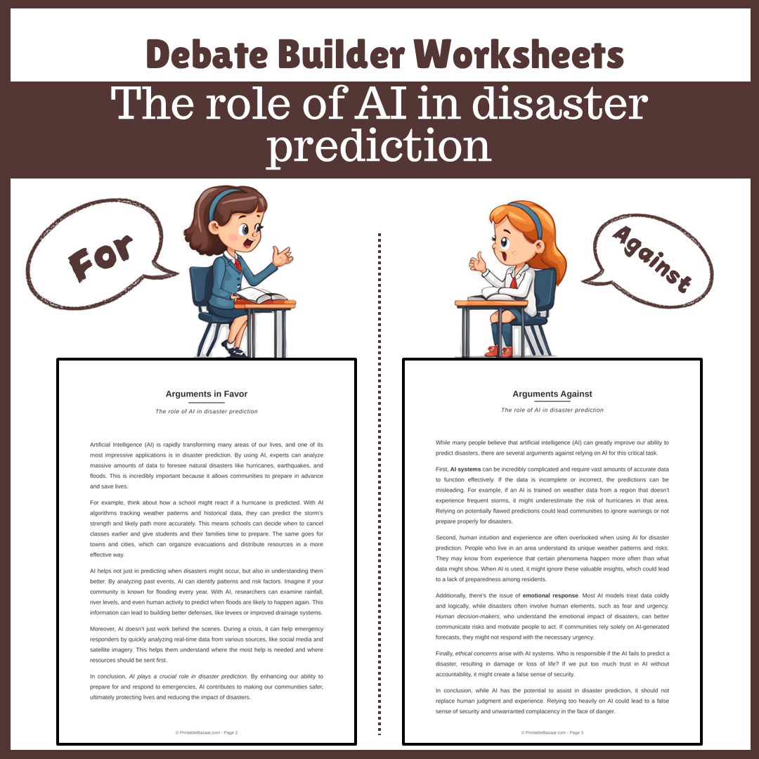 The role of AI in disaster prediction | Favour and Against Worksheet Printable Activity