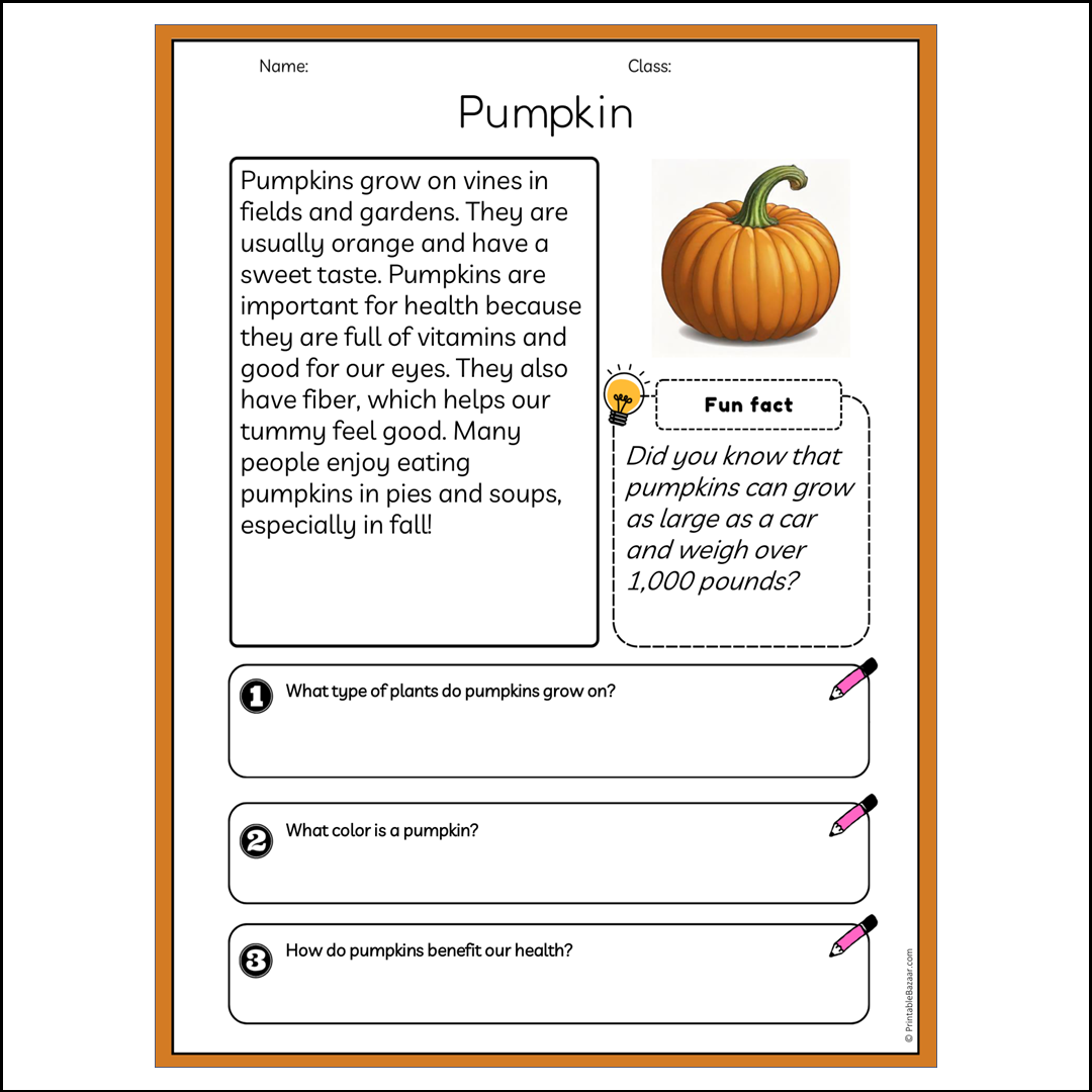 Pumpkin | Reading Passage Comprehension Questions Writing Facts Worksheet