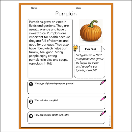 Pumpkin | Reading Passage Comprehension Questions Writing Facts Worksheet