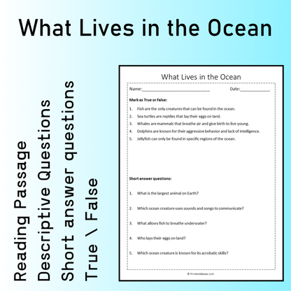 What Lives in the Ocean | Reading Comprehension Passage Printable Worksheet