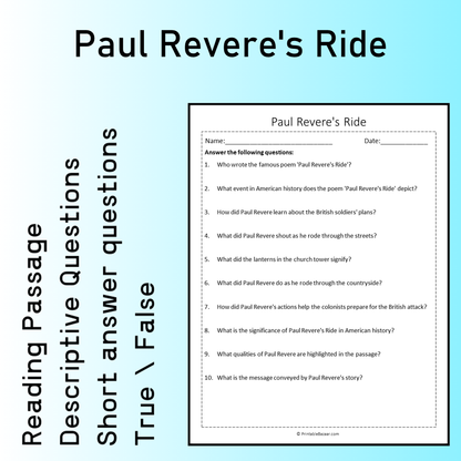 Paul Revere's Ride | Reading Comprehension Passage Printable Worksheet