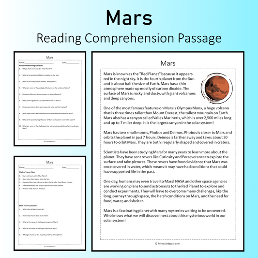 Mars | Reading Comprehension Passage Printable Worksheet