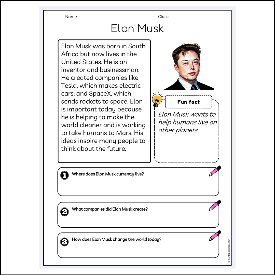 Elon Musk | Reading Passage Comprehension Questions Writing Facts Worksheet