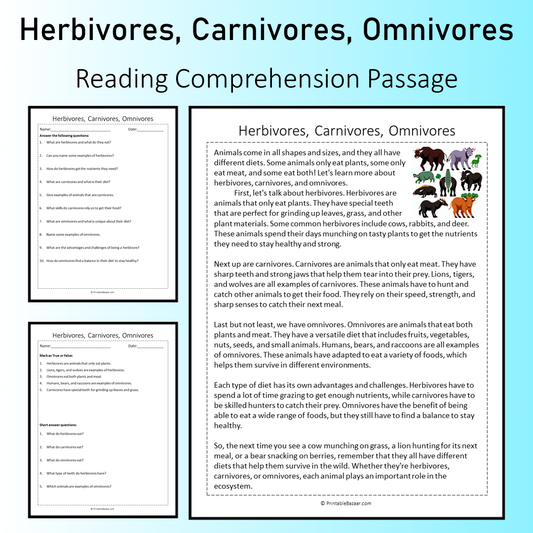 Herbivores, Carnivores, Omnivores | Reading Comprehension Passage Printable Worksheet