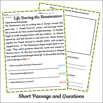 Life During the Renaissance | Short Reading Comprehension Creative Worksheet