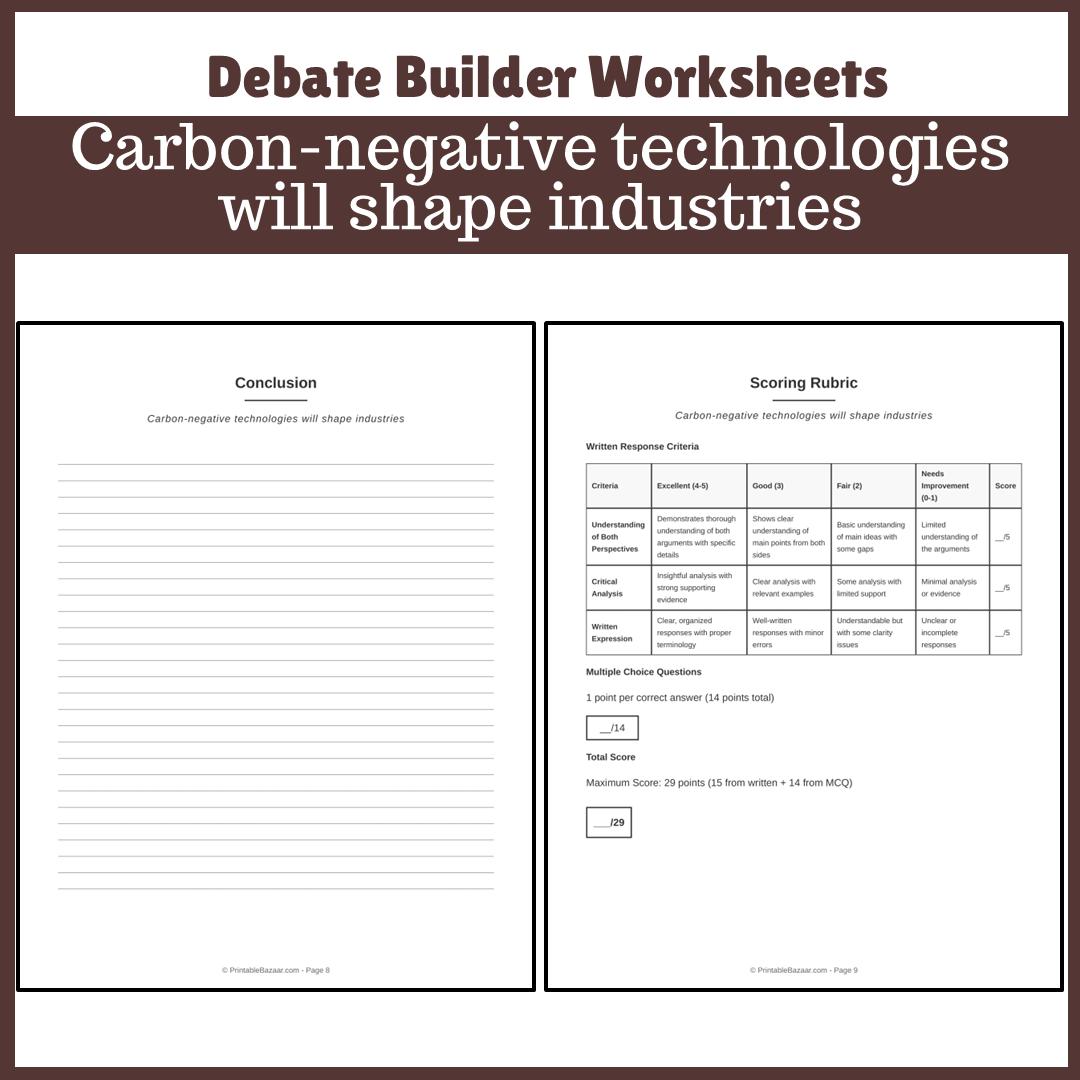 Carbon-negative technologies will shape industries | Favour and Against Worksheet Printable Activity