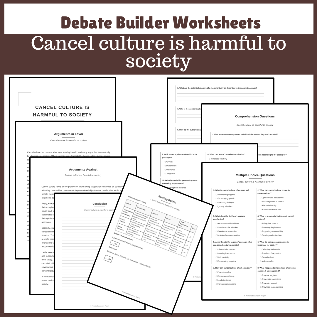 Cancel culture is harmful to society | Favour and Against Worksheet Printable Activity