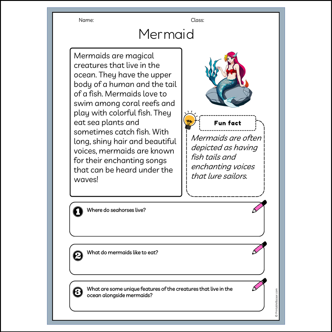 Mermaid | Reading Passage Comprehension Questions Writing Facts Worksheet