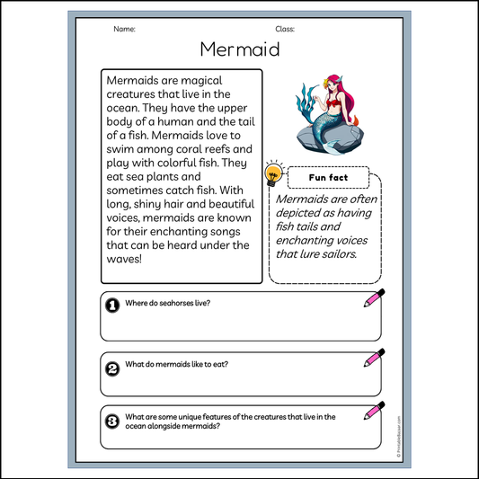 Mermaid | Reading Passage Comprehension Questions Writing Facts Worksheet