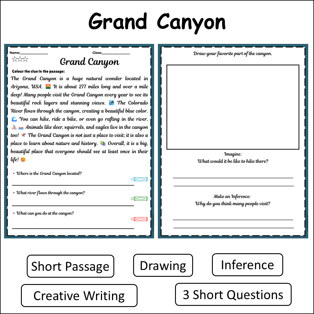 Grand Canyon | Short Reading Comprehension Creative Worksheet