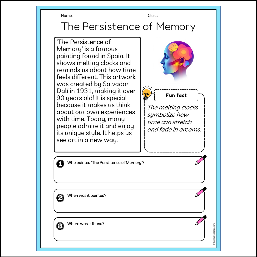 The Persistence of Memory | Reading Passage Comprehension Questions Writing Facts Worksheet