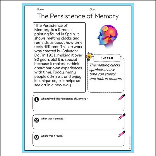 The Persistence of Memory | Reading Passage Comprehension Questions Writing Facts Worksheet