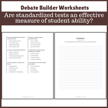 Are standardized tests an effective measure of student ability? | Favour and Against Worksheet Printable Activity